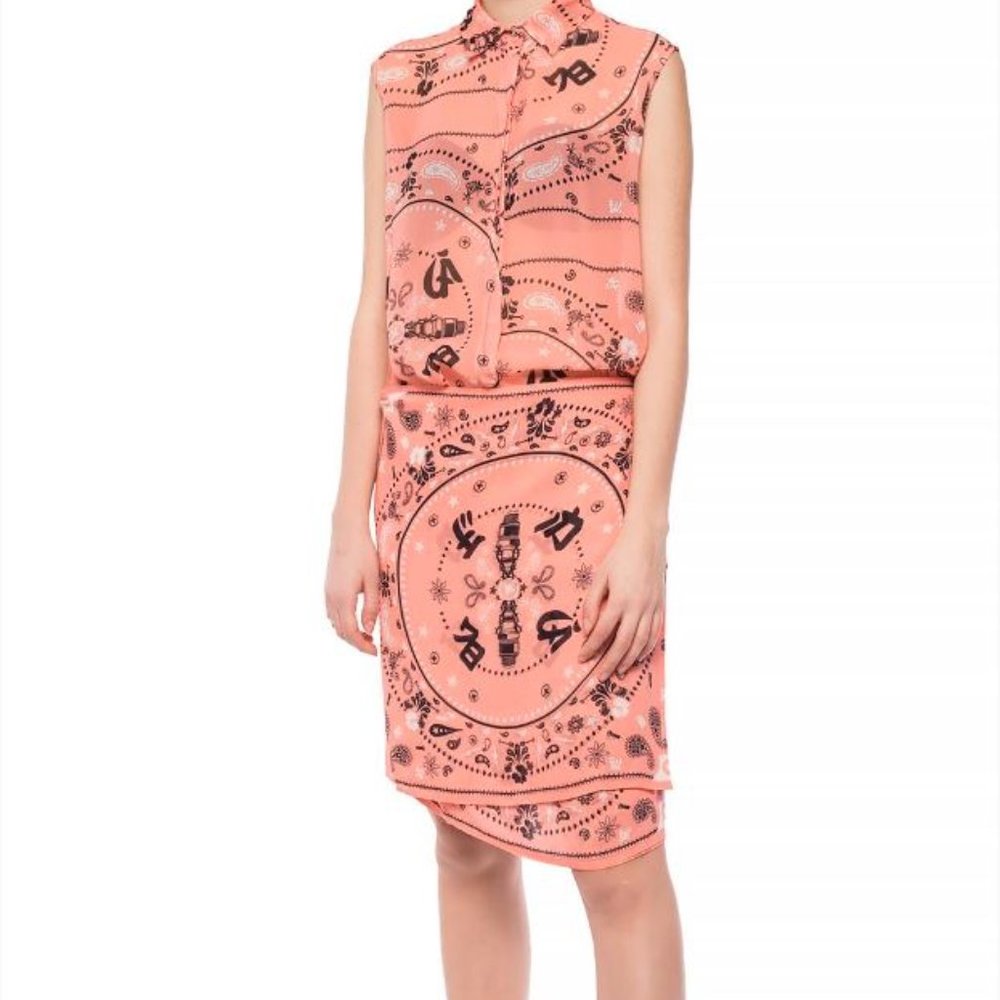 Diesel Sleeveless Peach Color Dress with Black Paisley and Screw Print - Size M